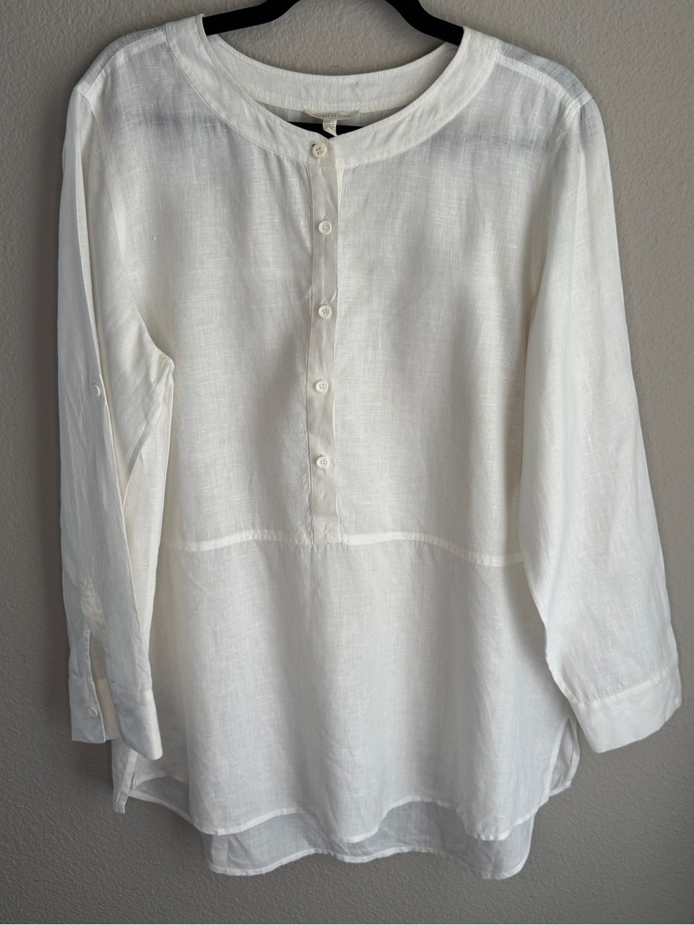 Eileen Fisher White 100% Irish Linen Tunic Lagenlook Medium Roll Tab Sleeve